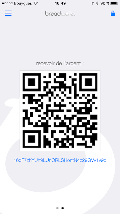breadwallet vous donne une adresse et un QR Code à communiquer pour que vous puissiez recevoir de l'argent