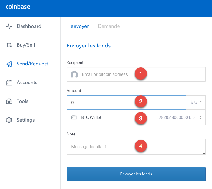 L'interface de Coinbase nous permet de déplacer nos Bitcoins