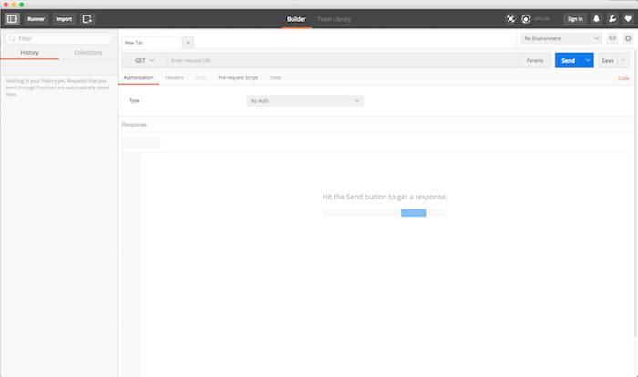 Première interface à l'ouverture de Postman