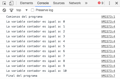 Resultado del imprimir los número del 1 al 10 con un bucle while