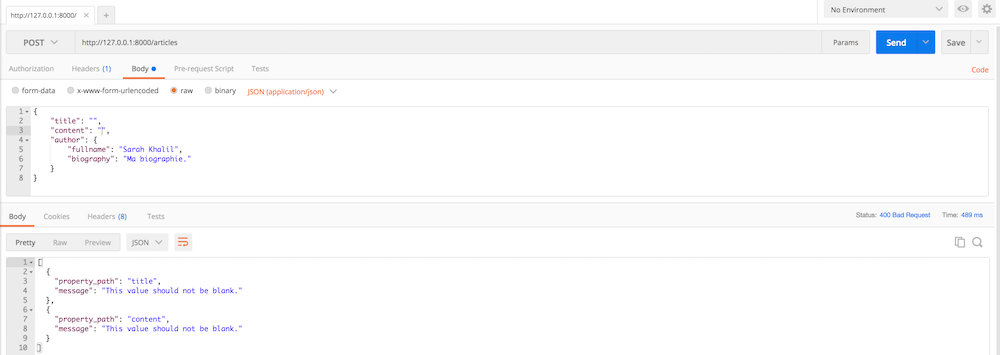 Résultat de la désérialisation avec un objet JSON qui ne respecte pas les contraintes de validation de l'objet Article