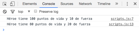 Mostramos por consola los valores de vida y fuerza