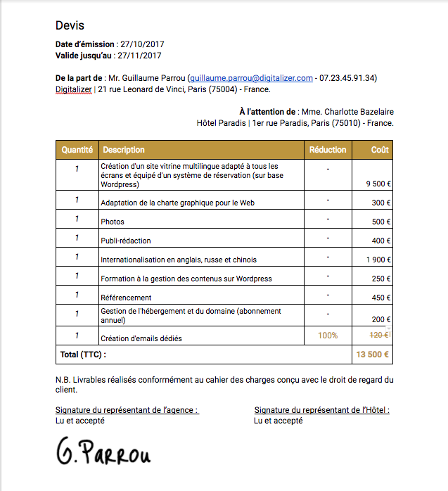 Exemple de devis dont l'inscription