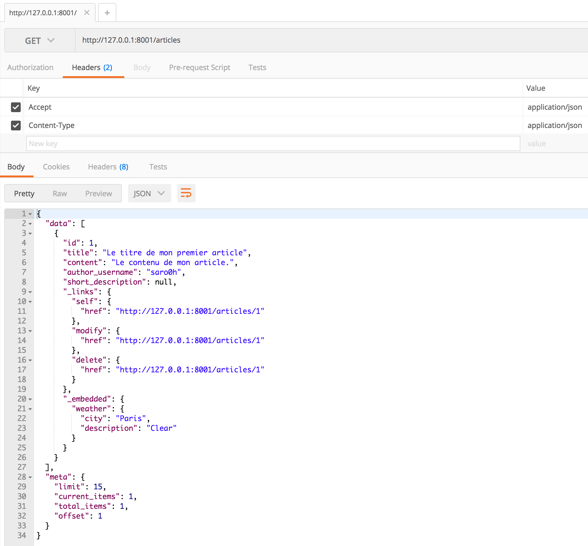 Liste d'articles accessible depuis l'API