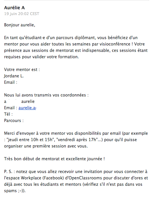 Email de mise en relation entre le mentor et l'élève