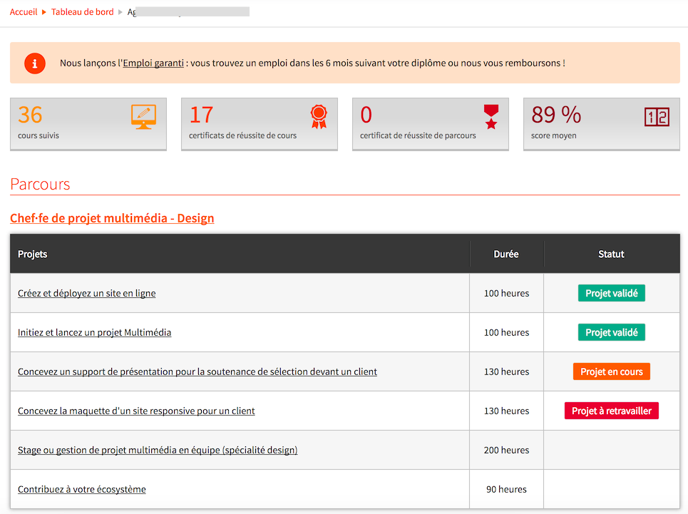 Tableau de bord d'un étudiant OpenClassrooms