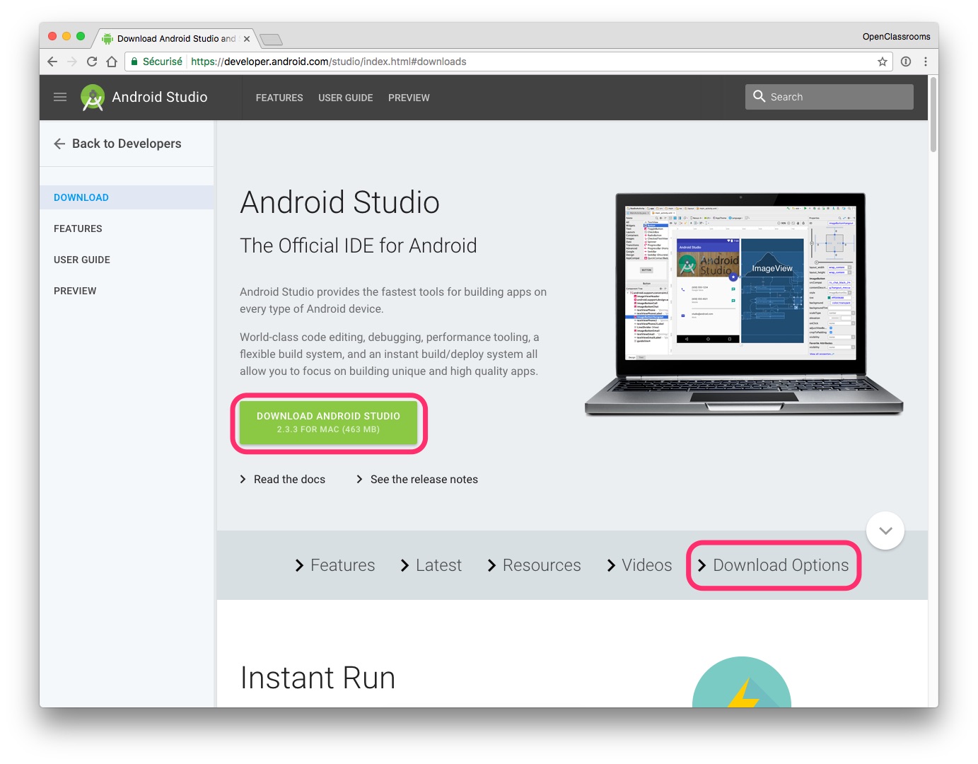 A screenshot of the Android Studio Download page