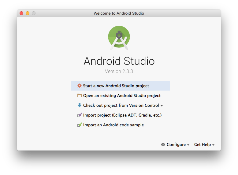 When you start up Android Studio, this window opens. Click on