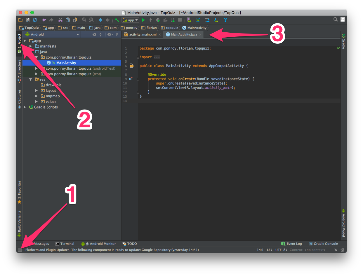 The Android Studio interface, with the file tree on the left side of the screen and the the active file on the right.