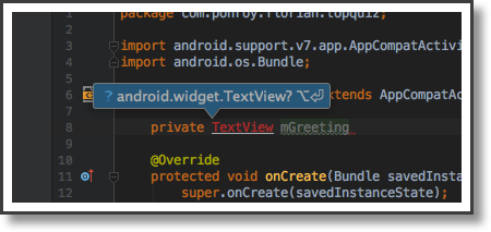 In the codebase, a popup menu appears above the TextView with a suggestion.
