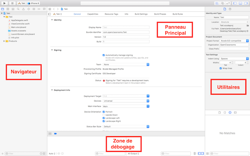 Les 4 panneaux de Xcode