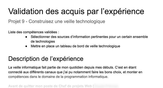 Aperçu du document de description d'expérience VAE d'un étudiant