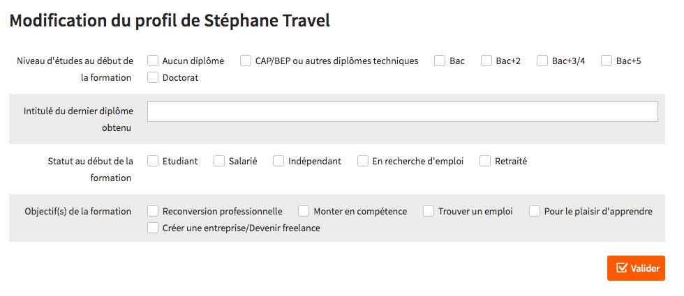 Complétez le profil de l'étudiant suite à la session découverte