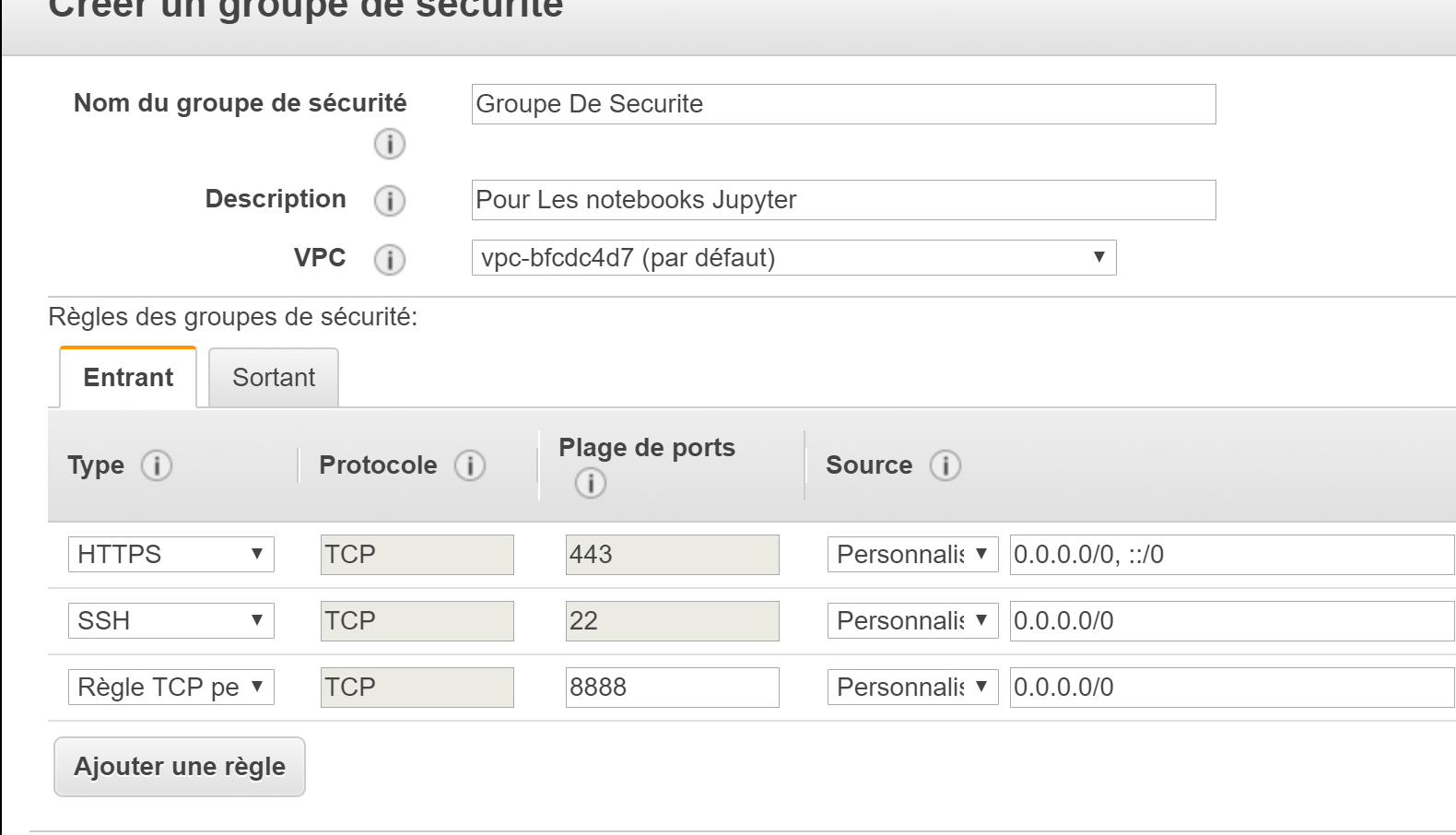 Réglages du groupe de sécurité