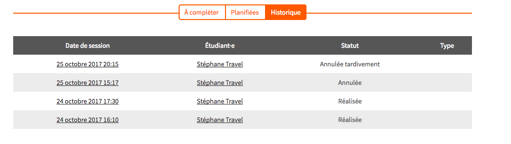 Historique des sessions