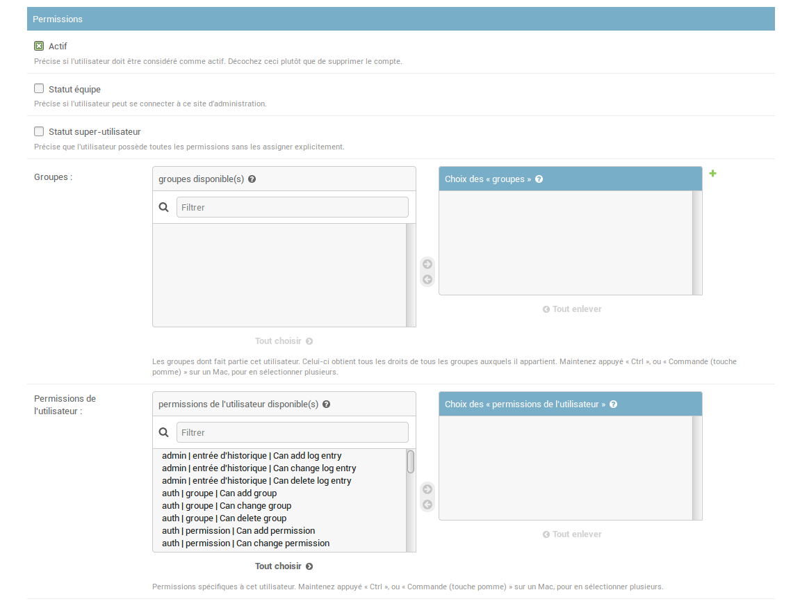 Exemple d'édition des permissions