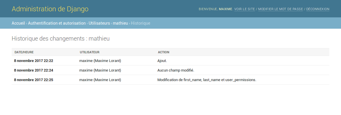 Historique des modifications d'un objet utilisateur