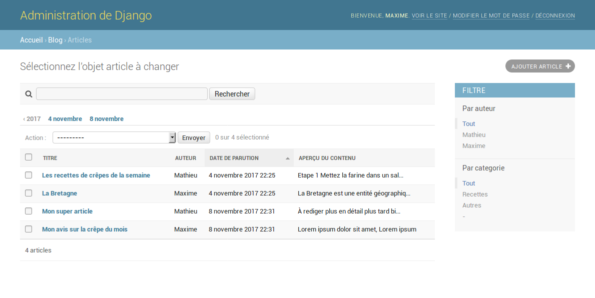 La liste des articles est accessible depuis l'administration