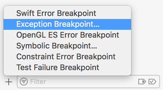 Image de la popup permettant de choisir Exception breakpoint...
