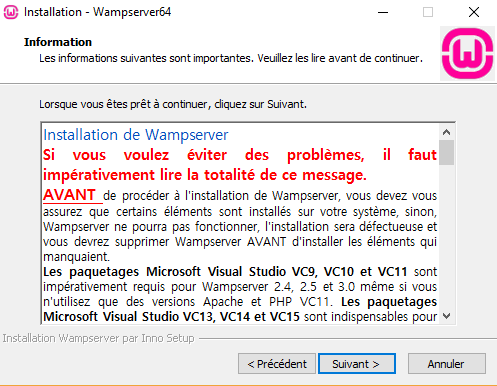 Ecran d'installation de Wamp 3.10 64 bits (Windows 10)