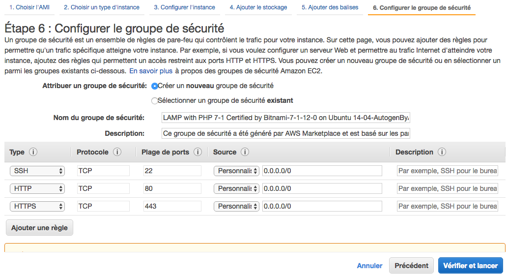 Configuration du groupe de sécurité (firewall)
