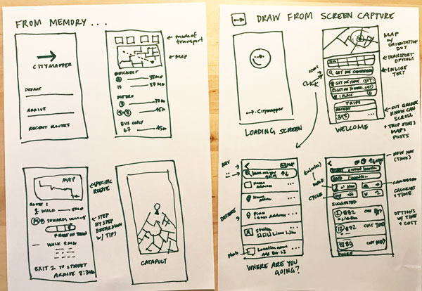 Left sketch is the app screen from memory, on the right are the actual screens.