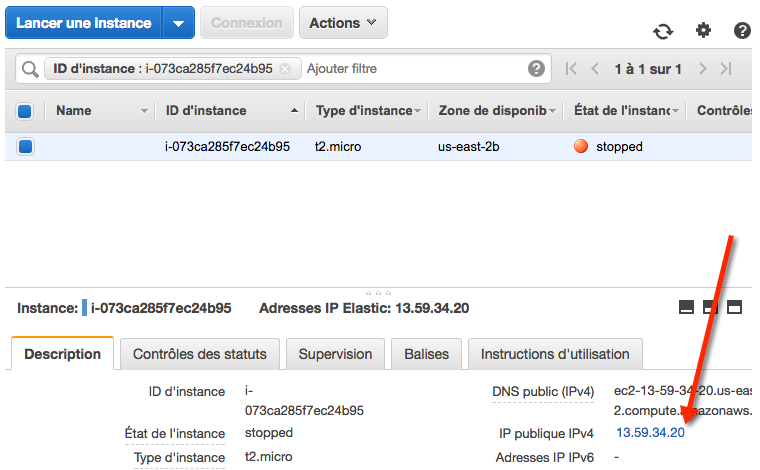 On peut cliquer sur l'IP de l'instance pour se rendre à la configuration des IP Elastic