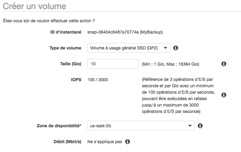 Création du volume EBS à partir de l'instantané