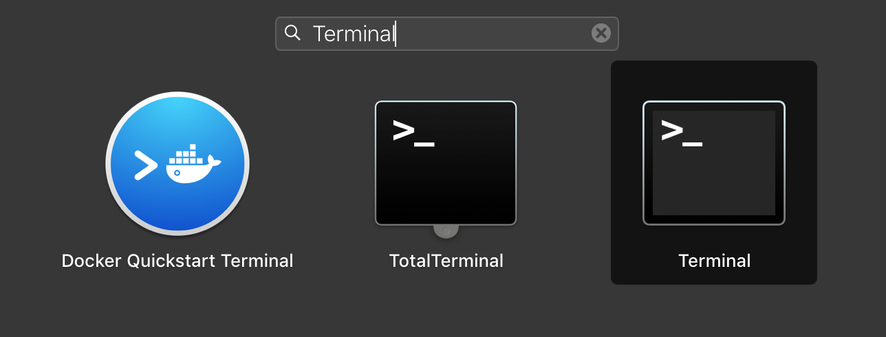 Menu applications de Mac OS avec Terminal saisi dans le champ de recherches
