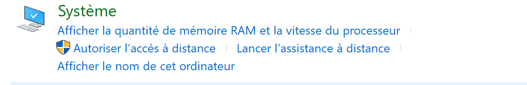 Sous menu système dans le panneau de configuration Windows