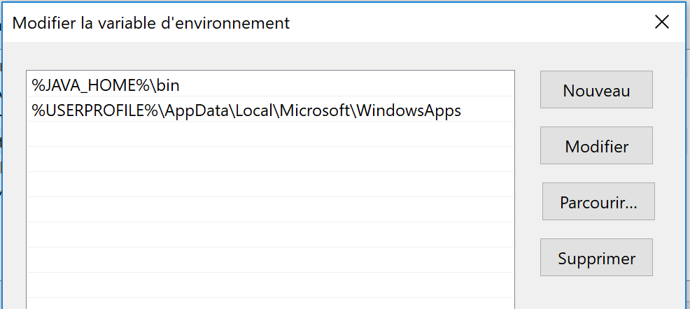 Modification d'une variable utilisateur sur Windows