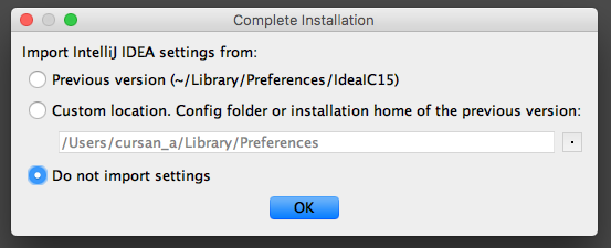 Écran d'importation d'une précédente version d'IntelliJ