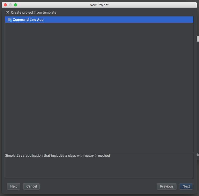 Ecran de choix de template sur IntelliJ