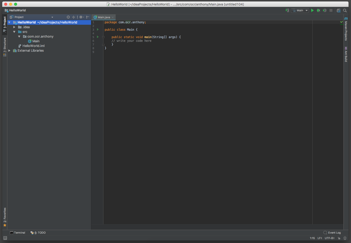 Projet Hello World dans IntelliJ par défaut