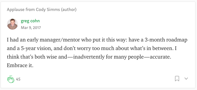 Screen capture from a Medium article suggesting that roadmaps are a 3-month view, and there's a 5 year vision, and to not worry much about what is in between.