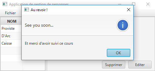 Fermeture de l'application