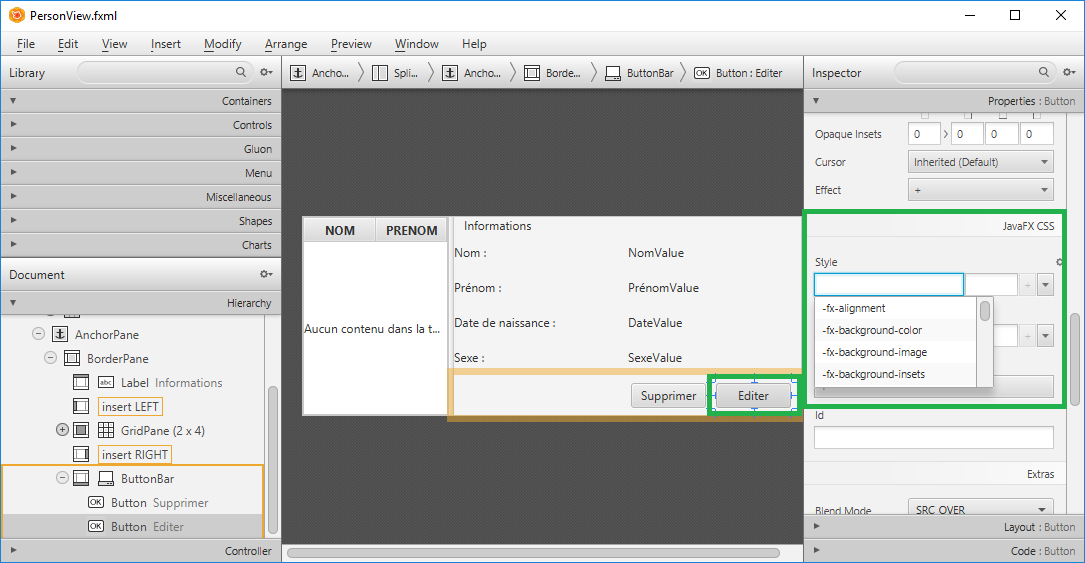 SceneBuilder liste les propriétés CSS des composants