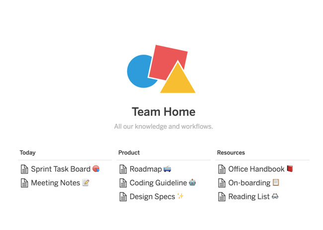 Screenshot of Notion.so used to display a wiki-style page to organize content for the team to use.