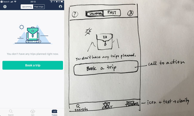 Screenshot left of empty state from Trainline. Sketch on right. There is a call to action because there are no upcoming trips.