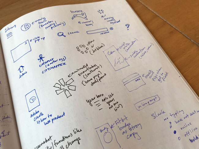 Page of sketchbook with inspiration for microinteractions – little icons and text to explain.