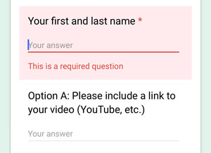 The red box and asterisk on the Google Form field shows which text is required.