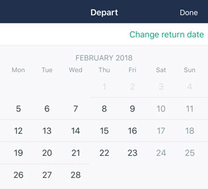 Calendar screenshot from Trainline makes it impossible to book a departure before the arrival.