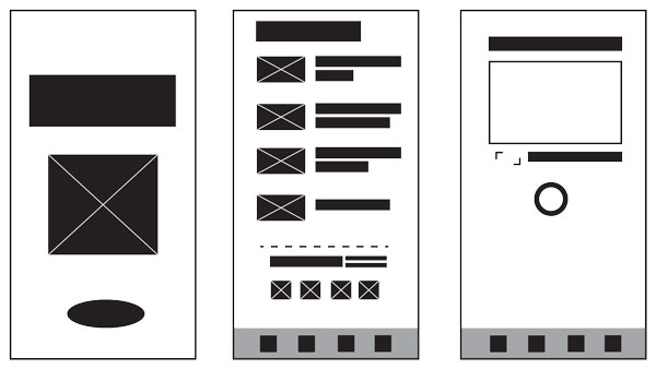 Black and white simple digital wireframes.