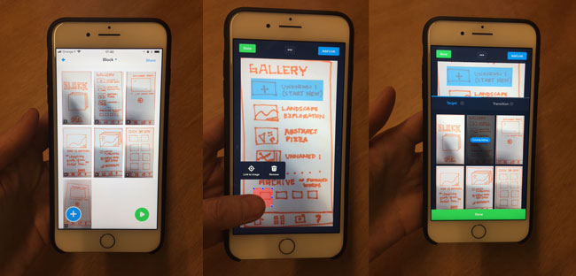 Three sample screens of creating a clickable prototype in Marvel.