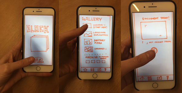 Three screens of a digital prototype using marker sketches.