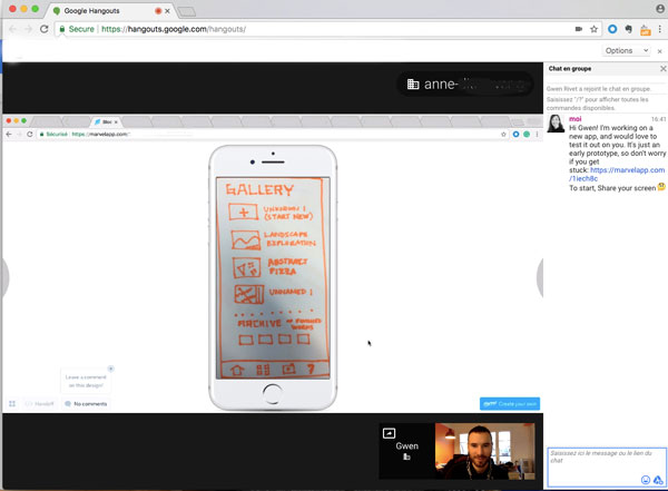 Screenshot of a Google Hangout to test the app.