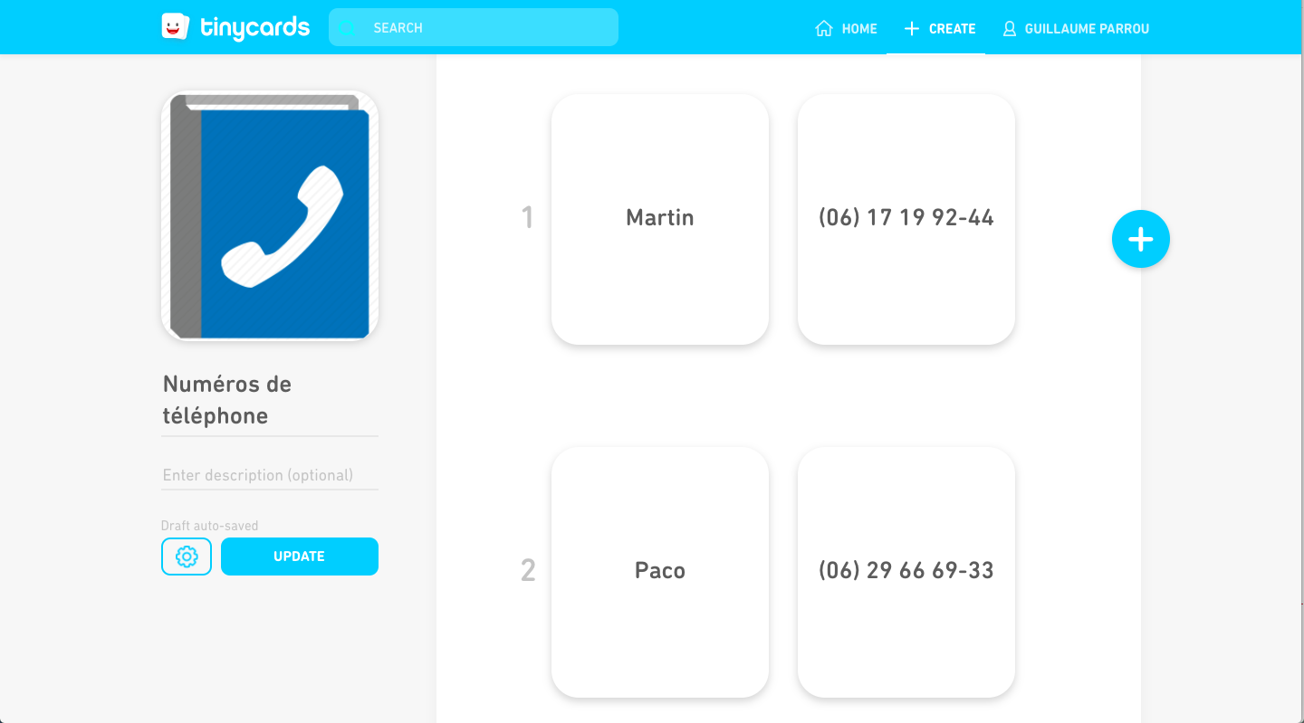 Capture d'écran de l'application TinyCards avec quelques cartes