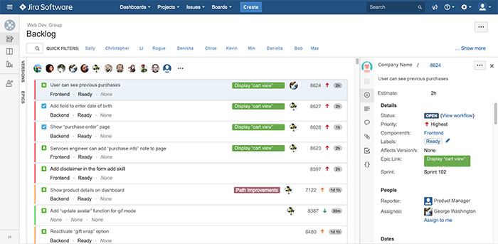 Screen inside of the software JIRA which involves multiple people collaborating on a project.