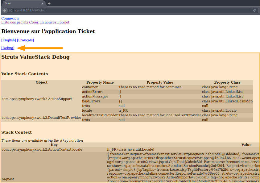 Exemple de sortie du tag debug