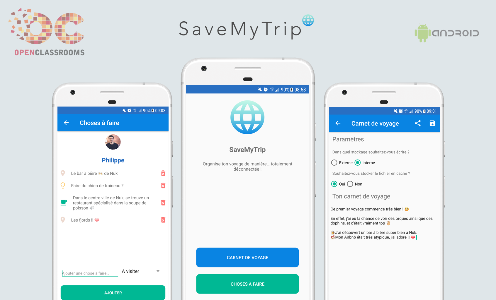 3 visualisations de SaveMyTrip : sur un portable à gauche, les détails du compte, sur le portable du milieu, le carnet de voyage, sur le portable de droite, les paramètres de stockage